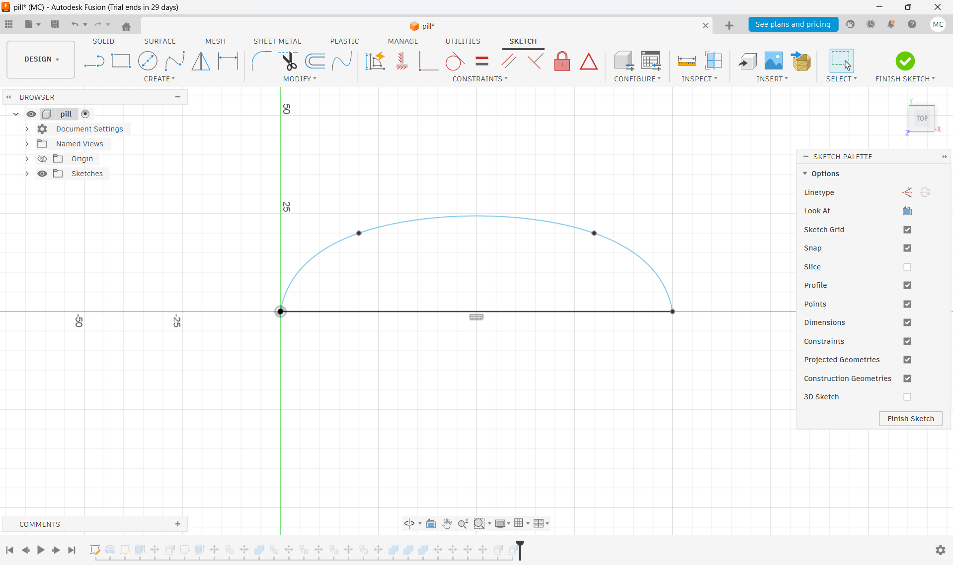 Initial 2D sketch for CAD design